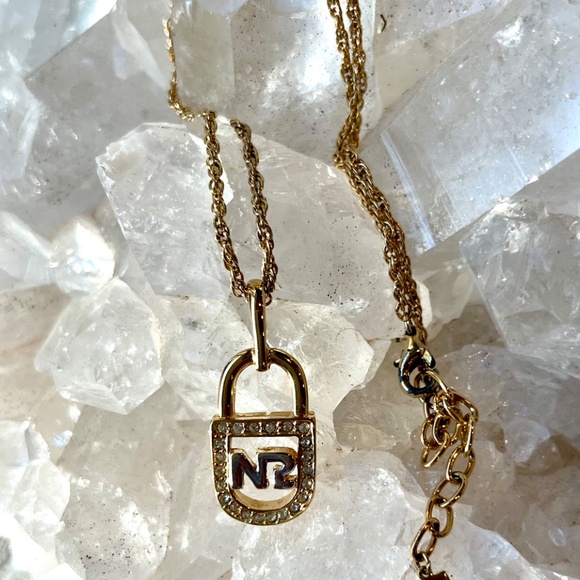 Nina Ricci Gold Two-toned Crystal Lock Necklace with Branded Chain - Picture 2 of 9